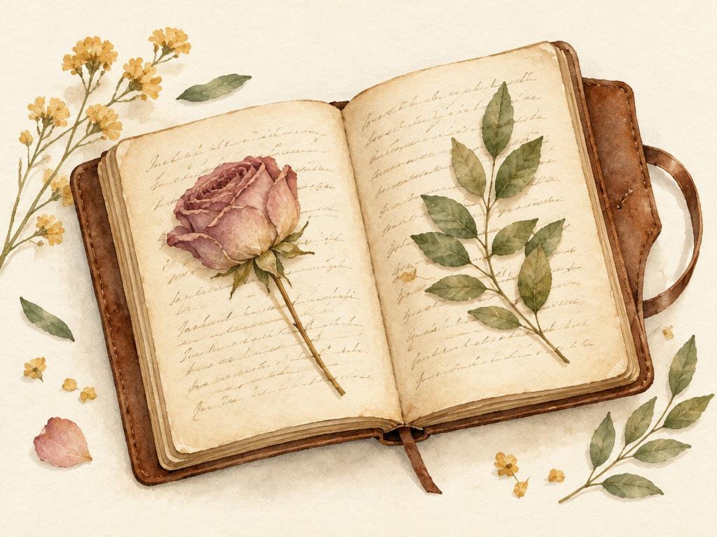Watercolor of an open journal with a pressed rose